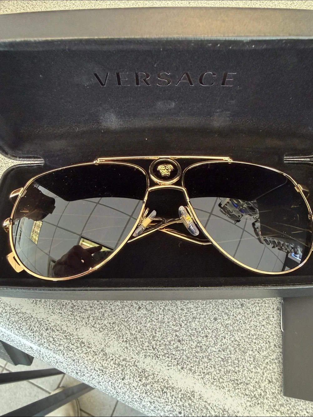 Versace Gold Frame Black Lens Aviator Sunglasses with Medusa Crest